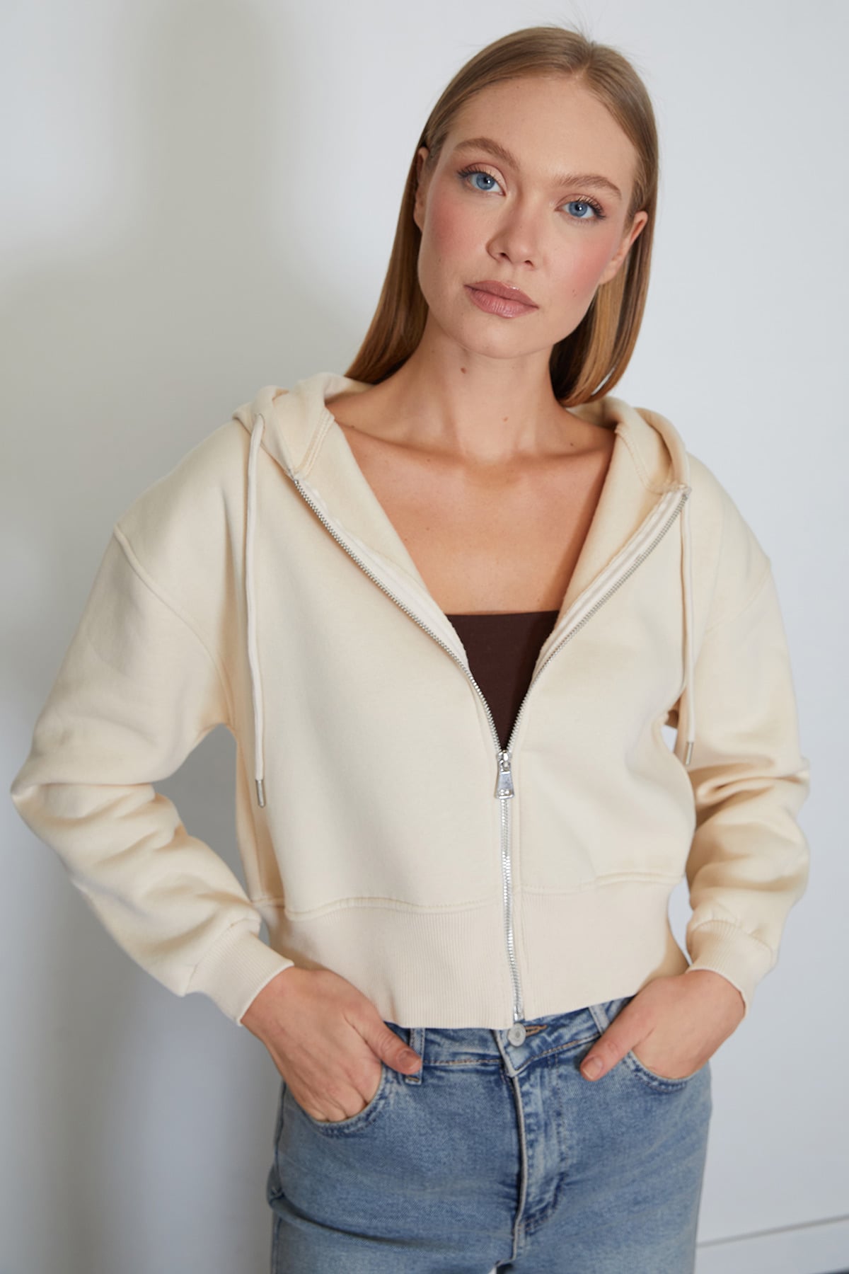 3 İplik Basic Fermuarlı Kapüşonlu Sweatshirt 5