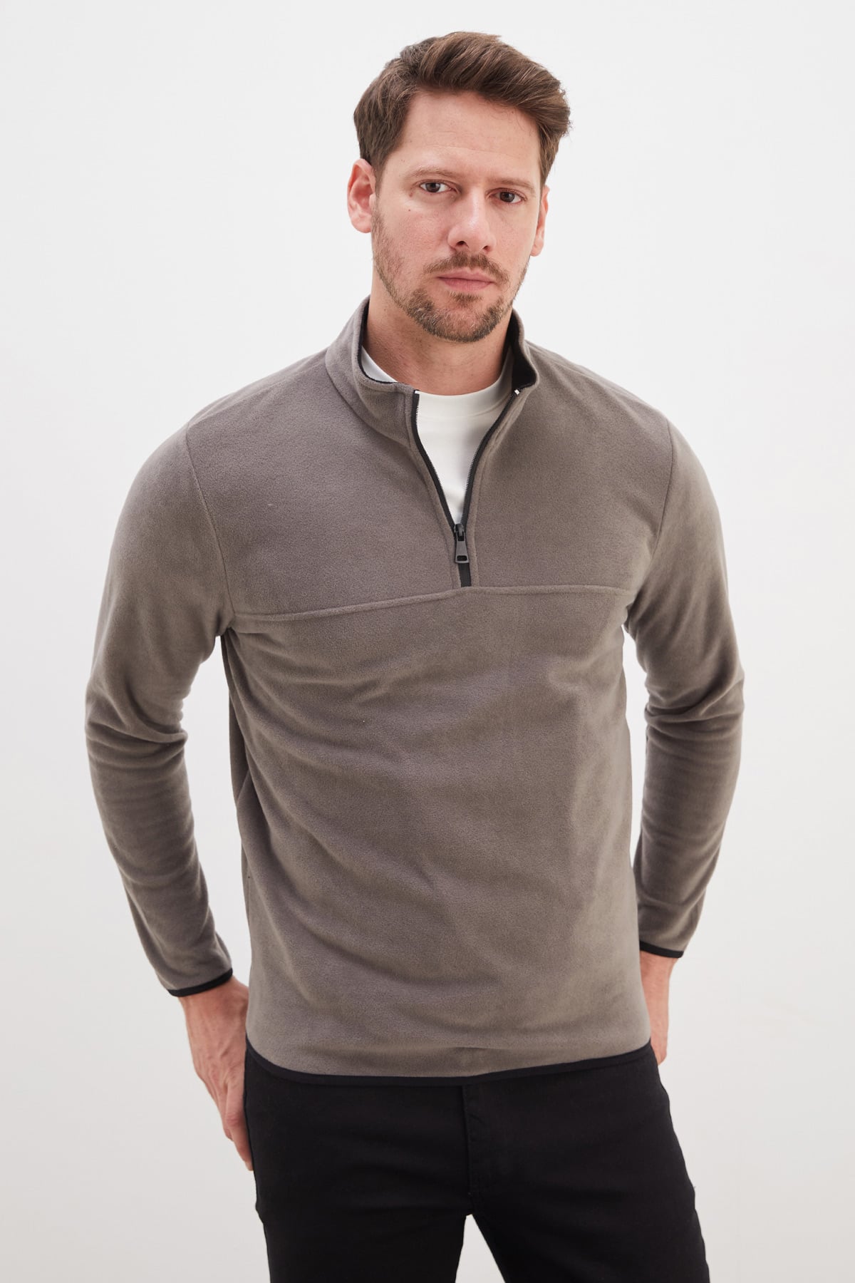 Yarım Fermuarlı Dik Yaka Polar Sweatshirt