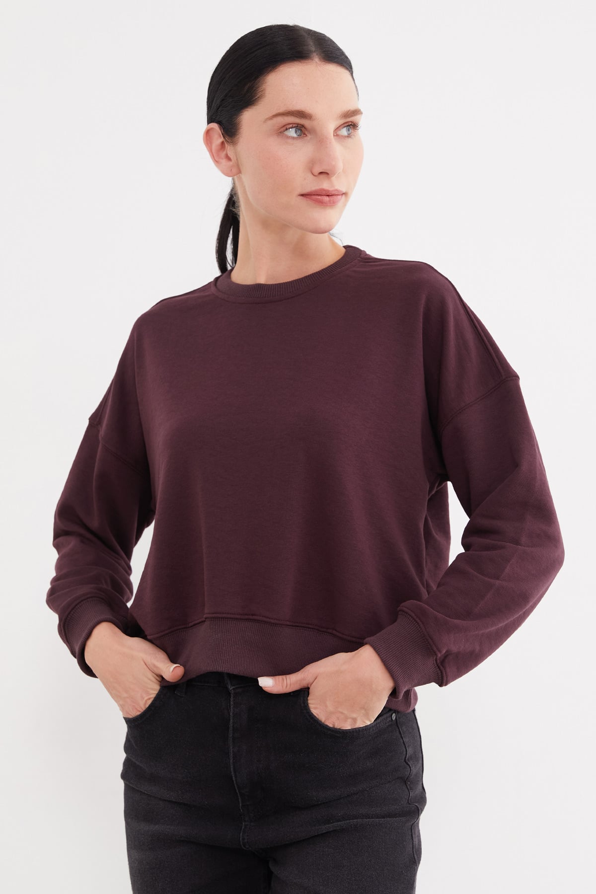 3 İplik Şardonsuz Basic Bisiklet Yaka Sweatshirt