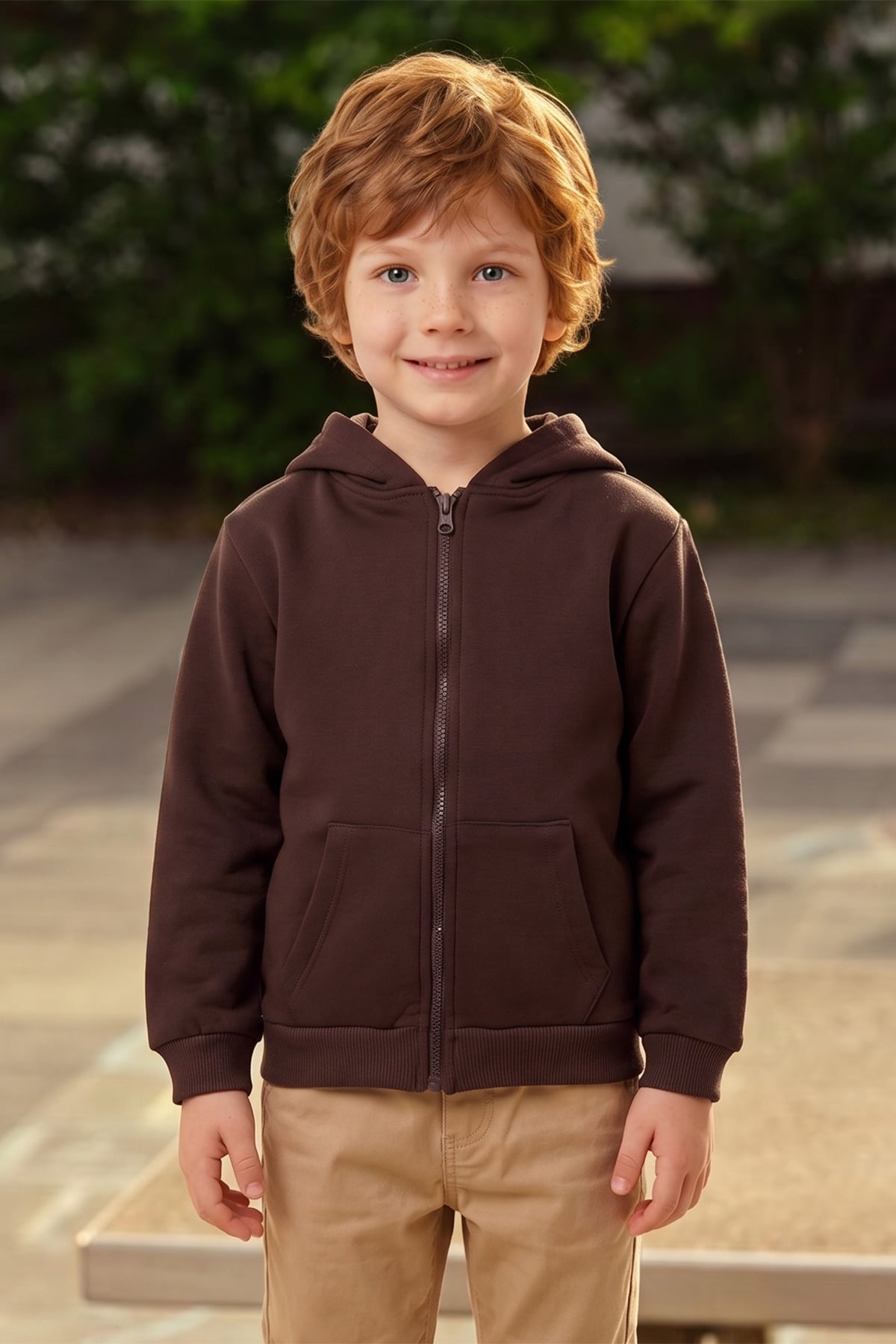 3 İplik Kapüşonlu Fermuarlı Unisex Çocuk Sweatshirt