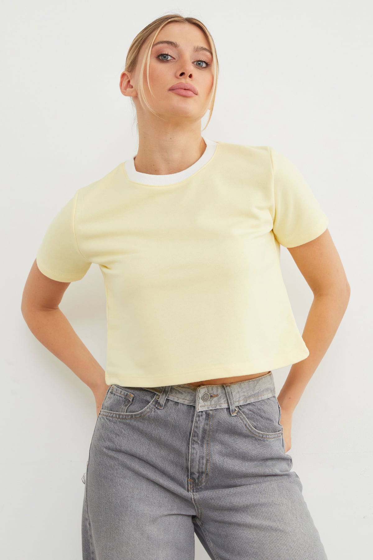 Basic Ribana Yaka Mevsimlik Crop Tişört 4