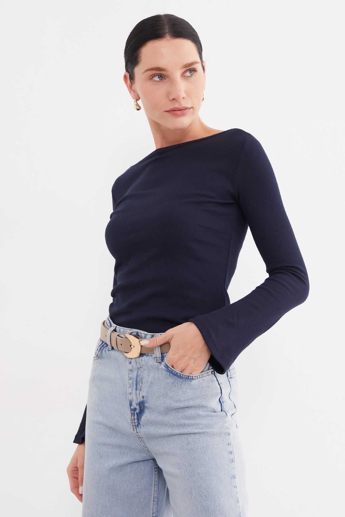 Kadın Fitilli Kayık Yaka Flare Kol Slim Fit Bluz 2