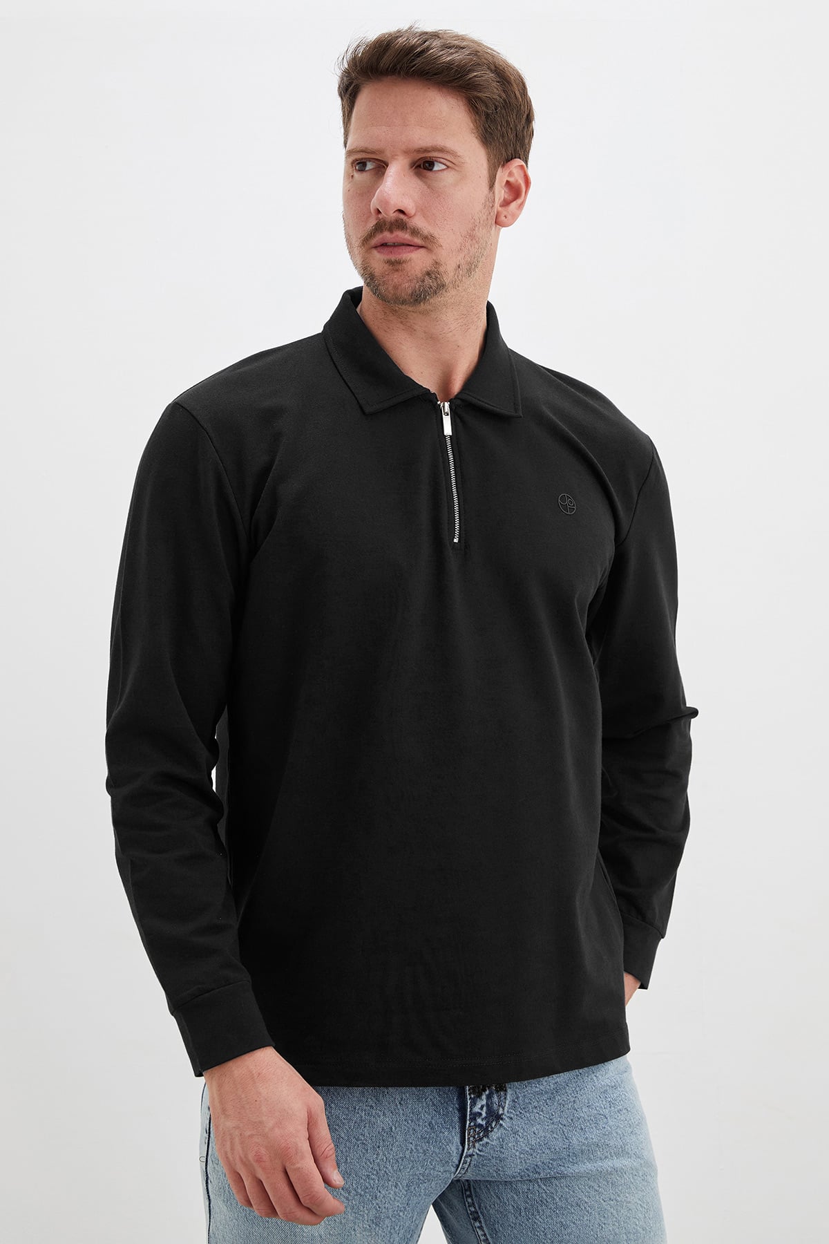 Erkek Siyah Baskılı Yarım Fermuarlı Polo Yaka Sweatshirt 5