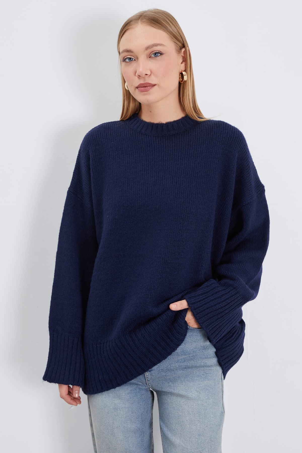Basic Bisiklet Yaka Oversize Triko Kazak 3