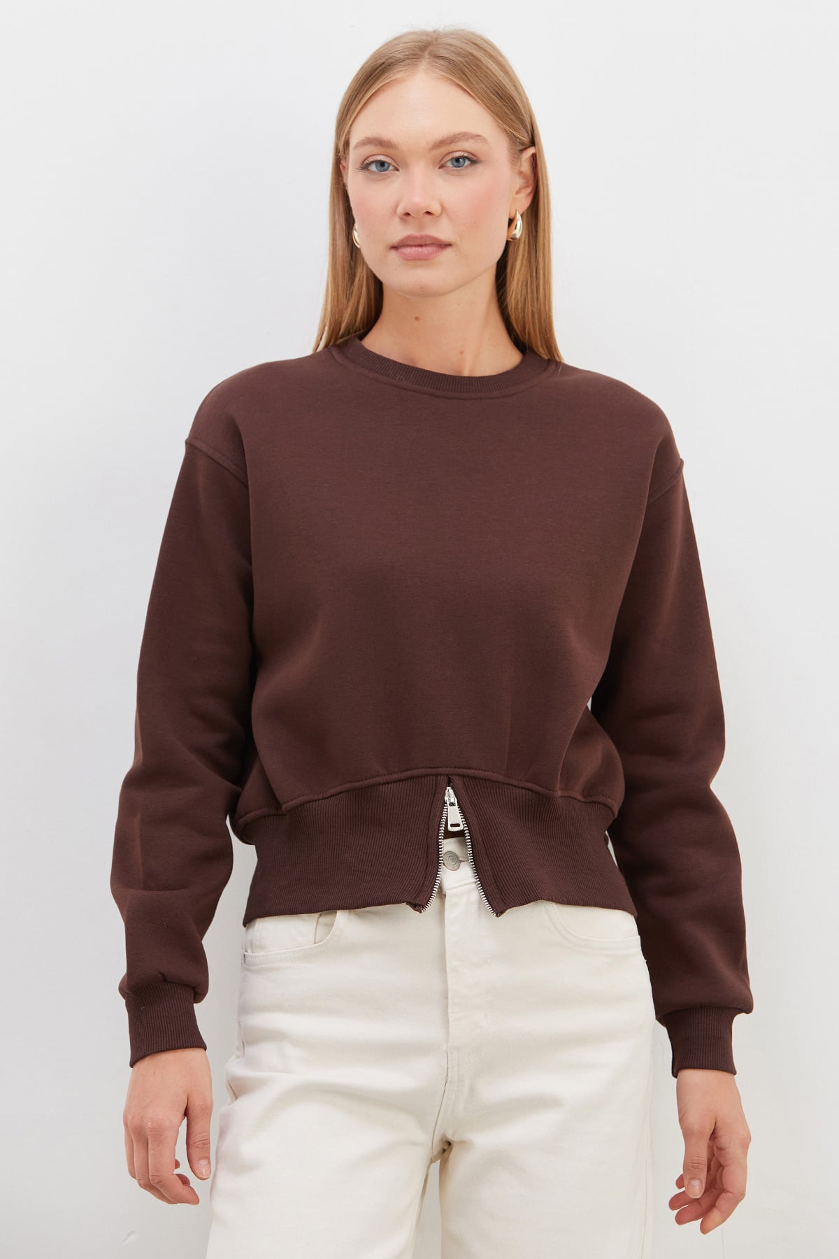 3 İplik Eteği Fermuarlı Bisiklet Yaka Crop Sweatshirt 5