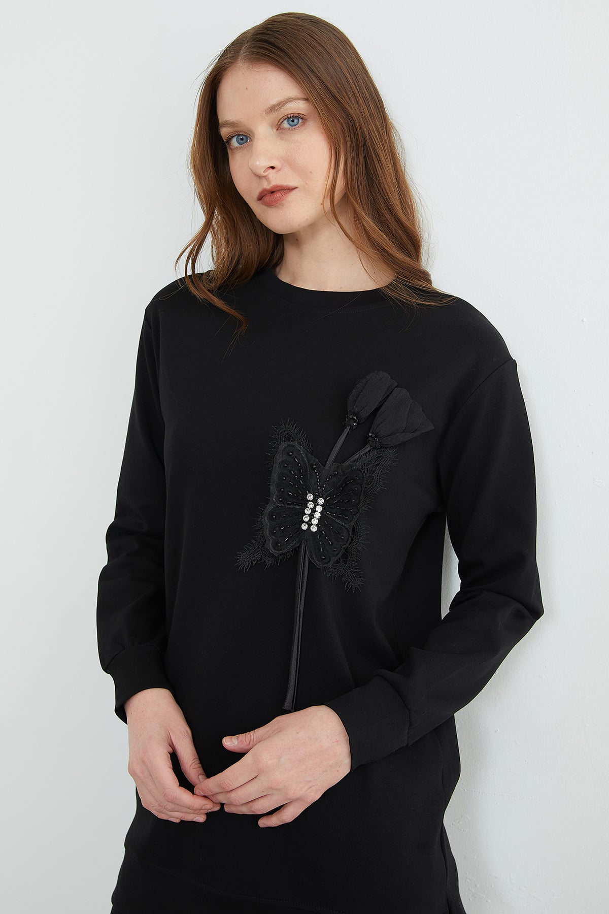 Fullamodest Kelebek Nakışlı Taşlı Bisiklet Yaka Tunik 5