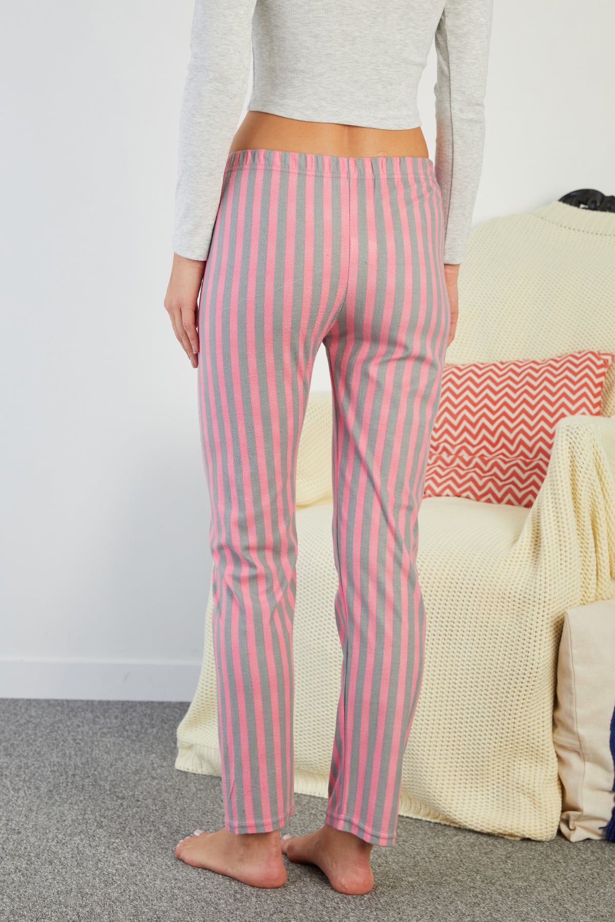 Çizgili Beli Lastikli Süet Pijama Altı 6