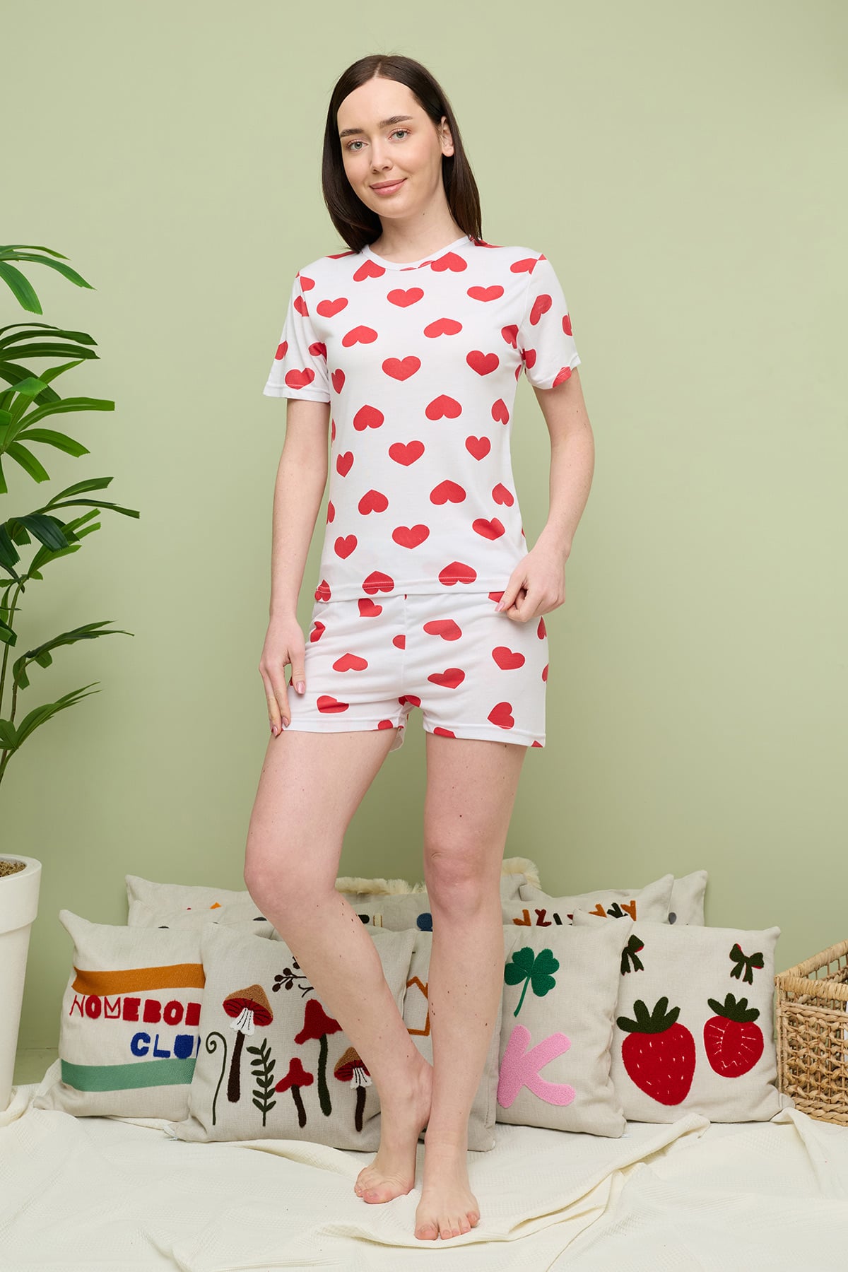 Kalp Baskılı Bisiklet Yaka Şortlu Pijama Takımı 3