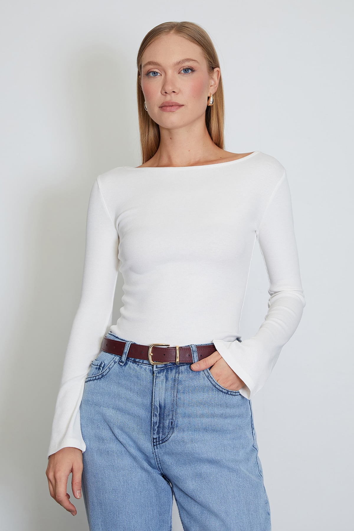 Fitilli Kayık Yaka Flare Kol Slim Fit Bluz 3
