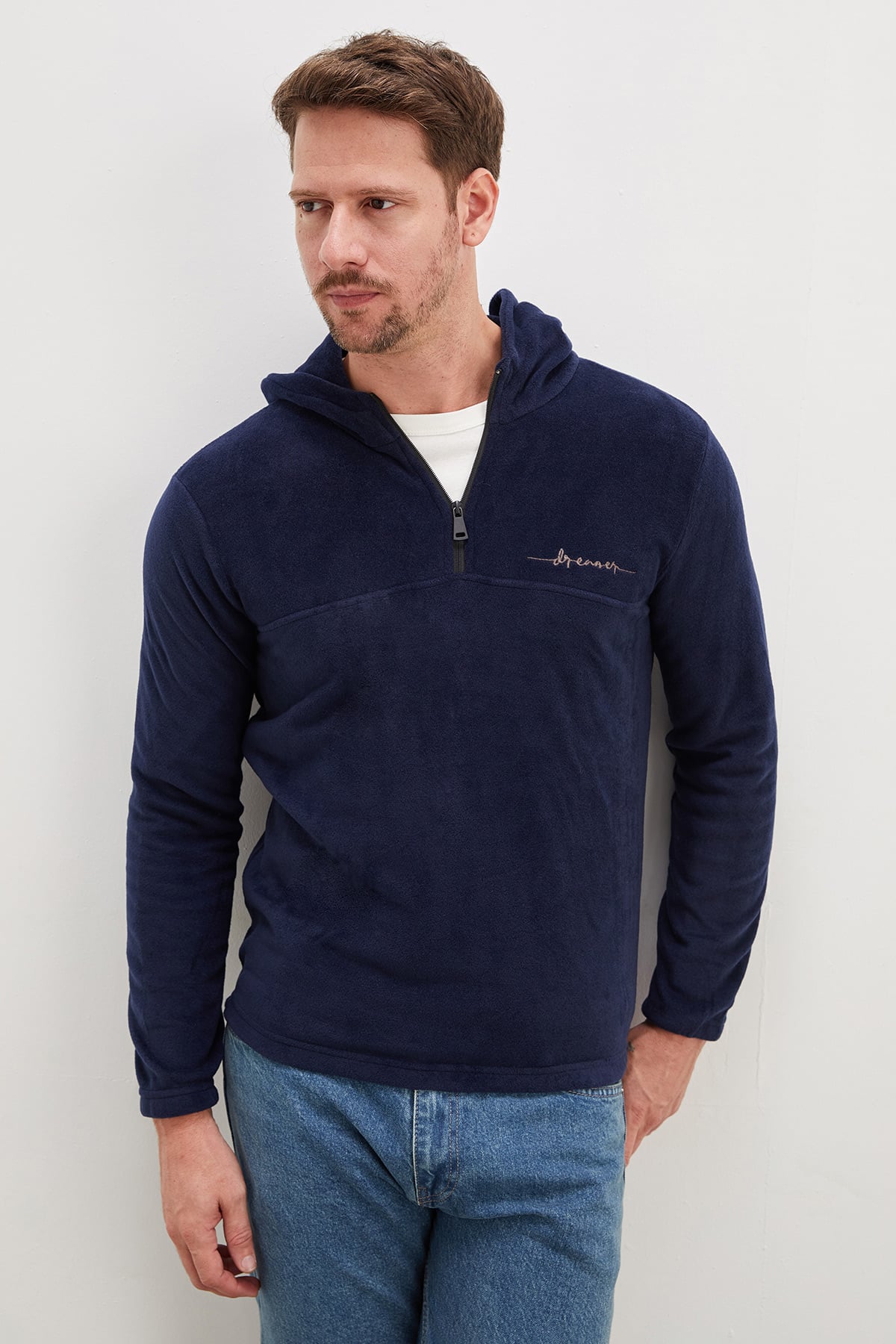 Yarım Fermuarlı Kapüşonlu Polar Sweatshirt 2