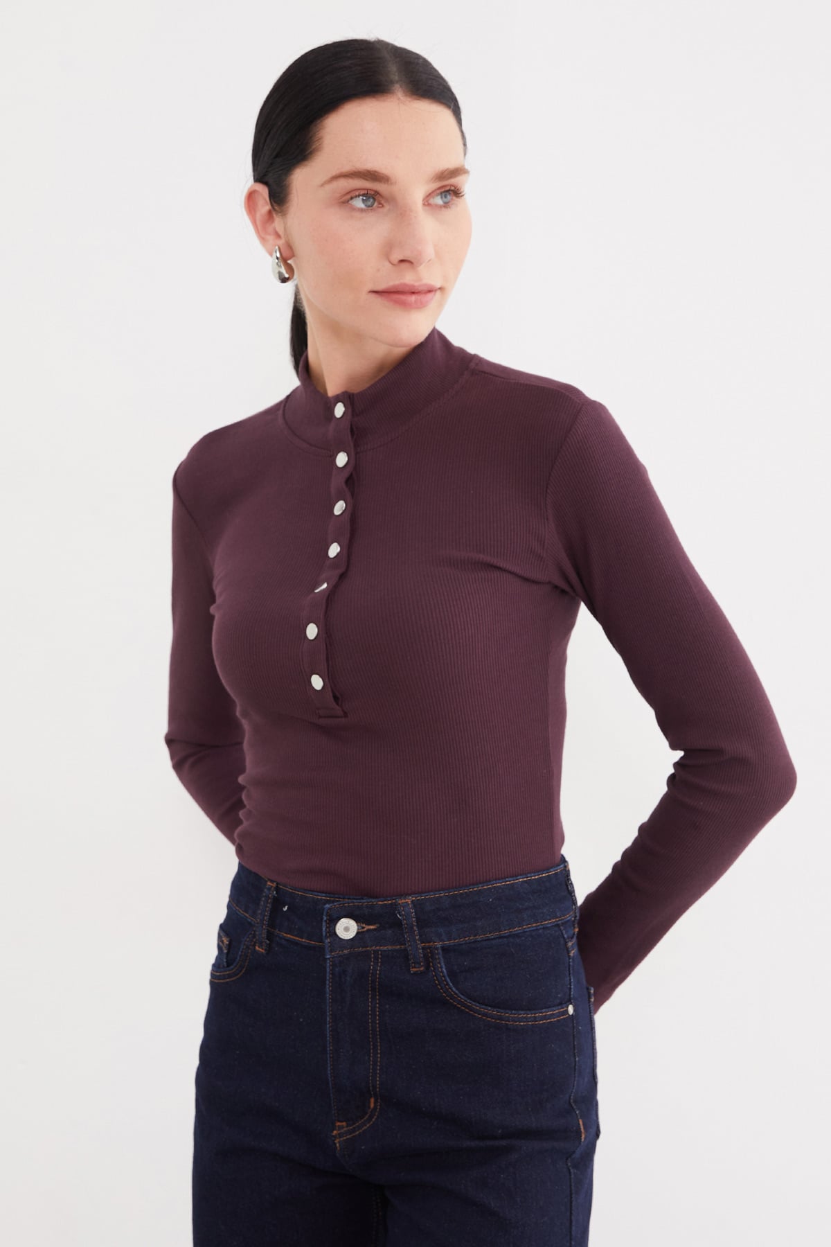 Kadın Fitilli Yarım Çıtçıtlı Dik Yaka Slim Fit Bluz 3