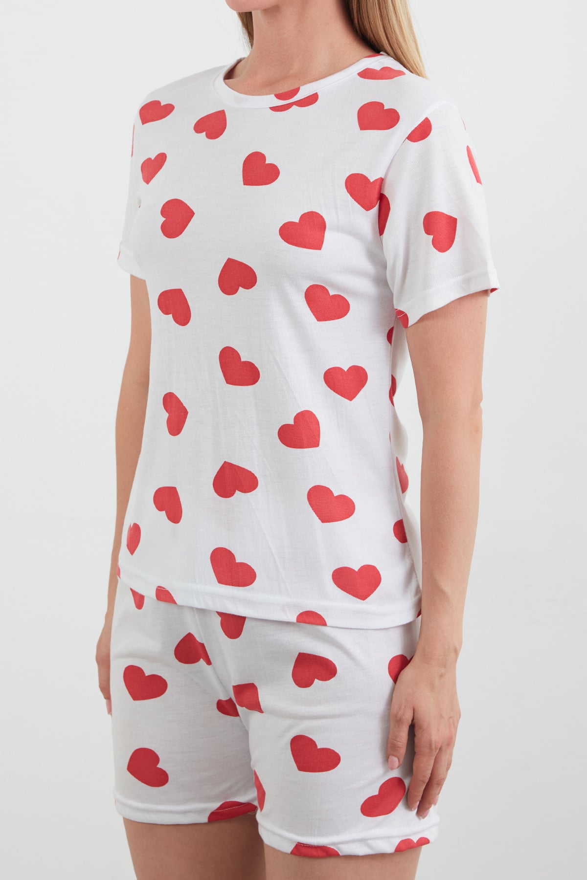 Kalp Baskılı Bisiklet Yaka Şortlu Pijama Takımı 8