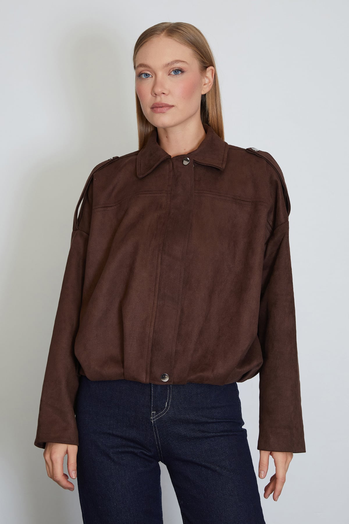 Fermuarlı Polo Yaka Süet Bomber Ceket 5