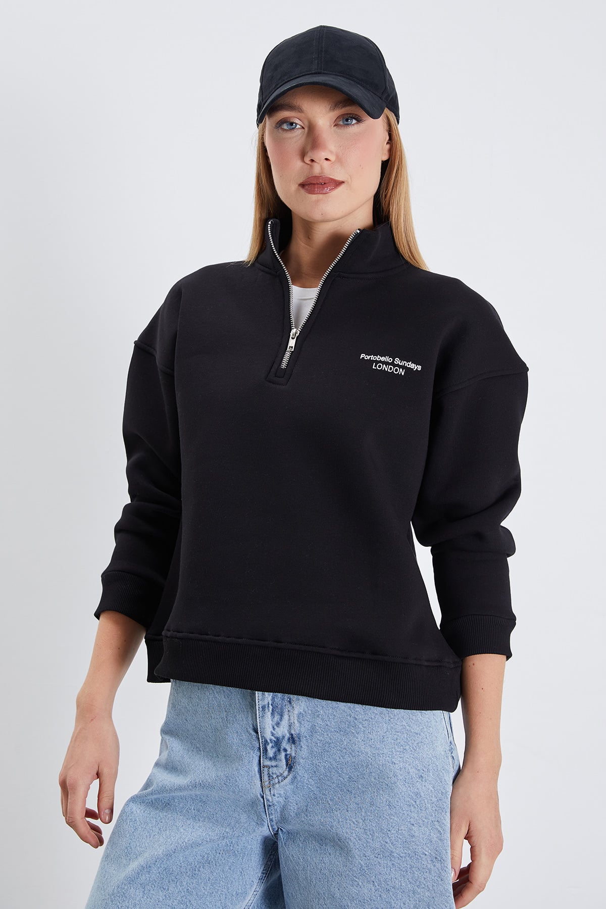 3 İplik London Baskılı Yarım Fermuarlı Sweatshirt