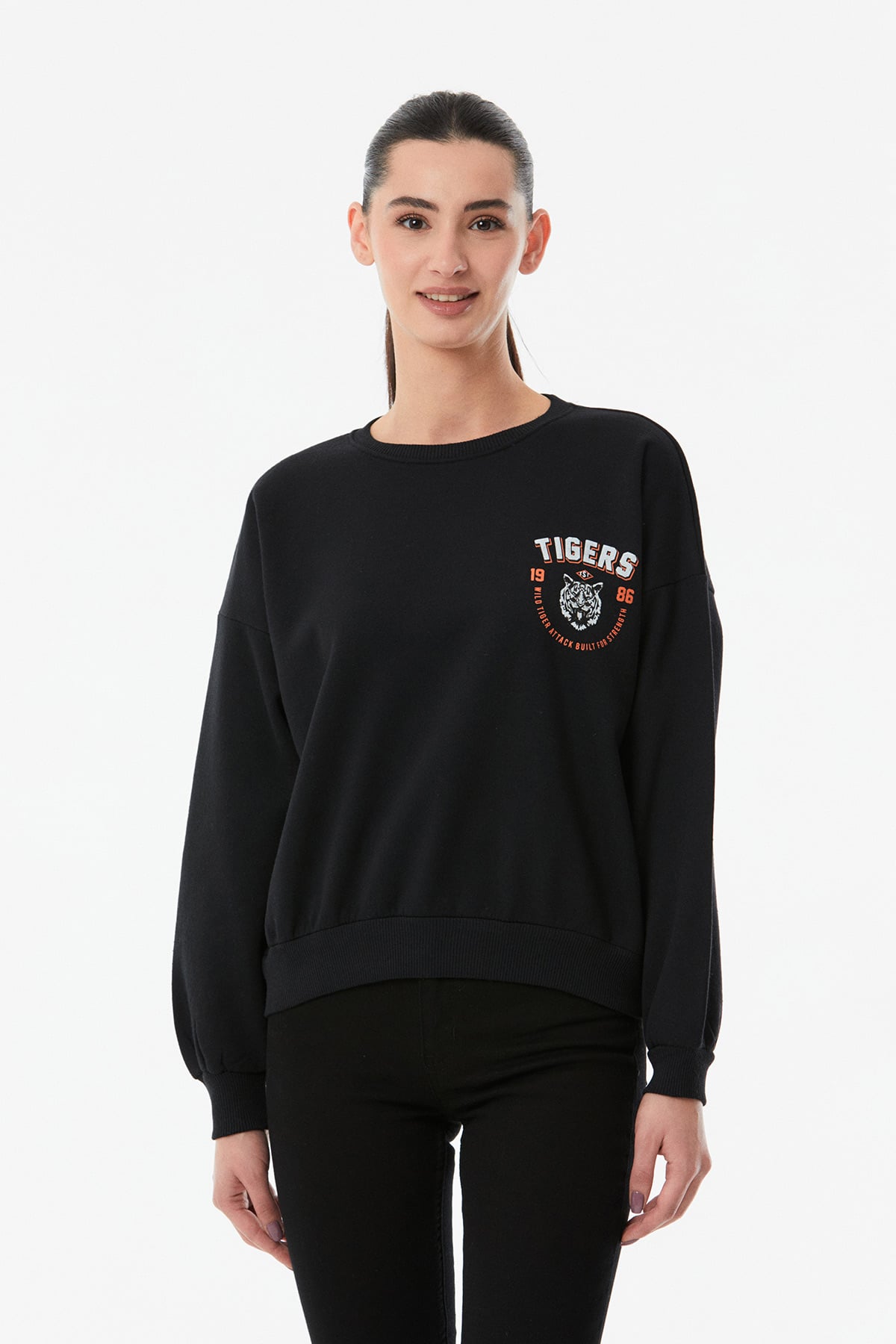 Tigers Baskılı Bisiklet Yaka Sweatshirt