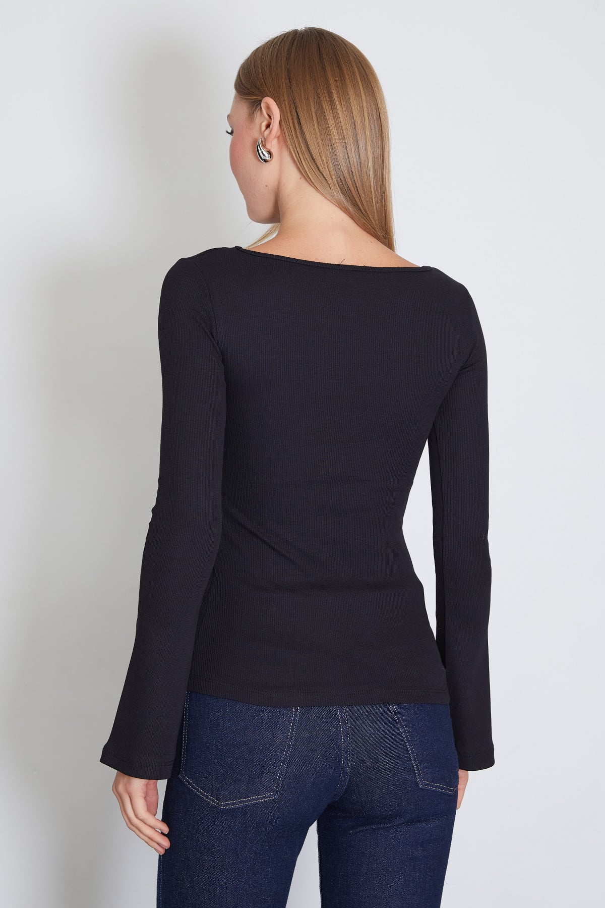 Kadın Fitilli Kayık Yaka Flare Kol Slim Fit Bluz 8