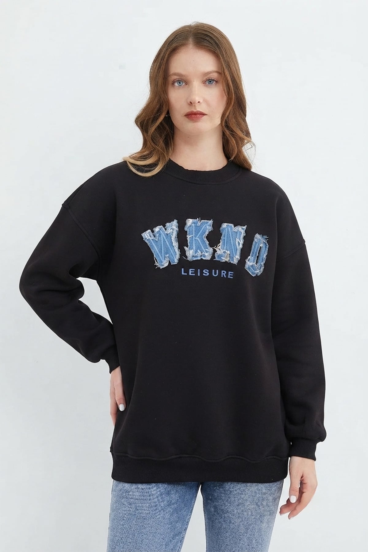 3 İplik Kot Nakışlı Oversize Sweatshirt
