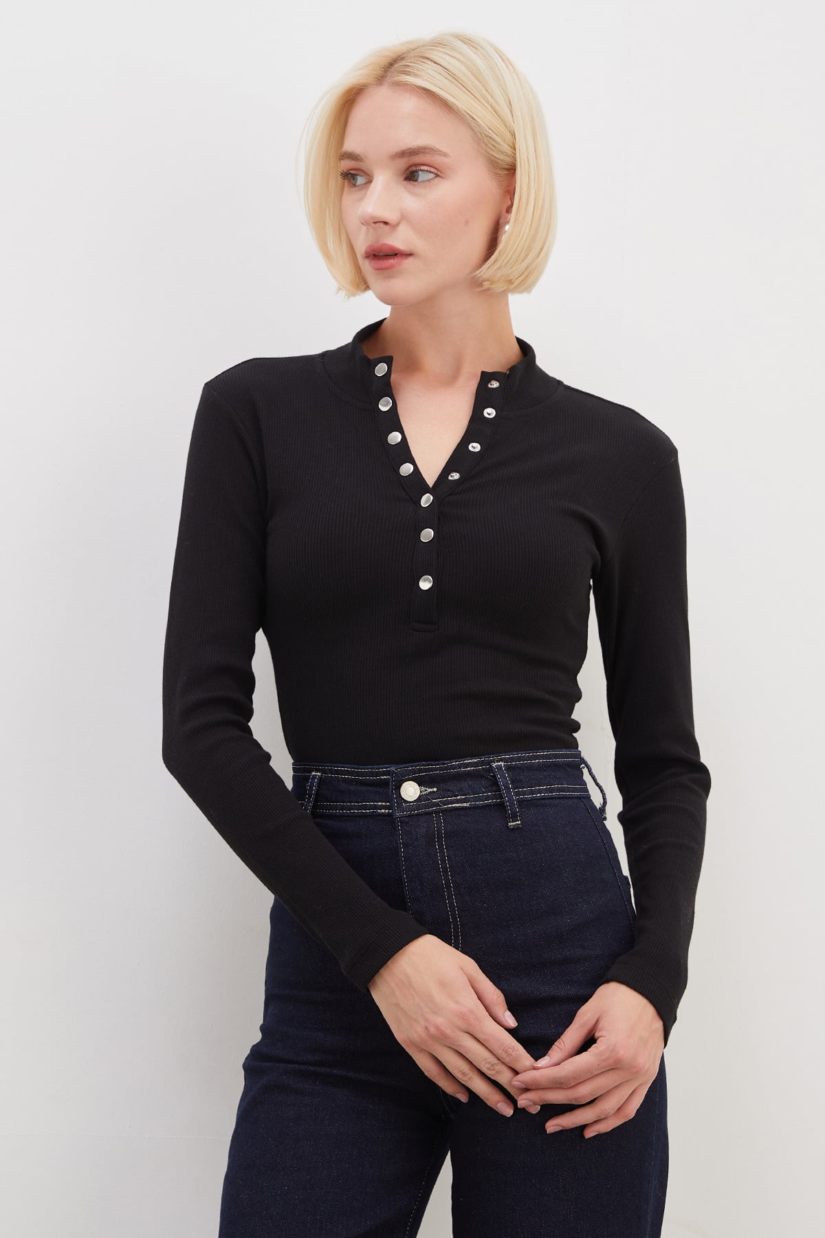 Fitilli Yarım Çıtçıtlı Dik Yaka Slim Fit Bluz 3