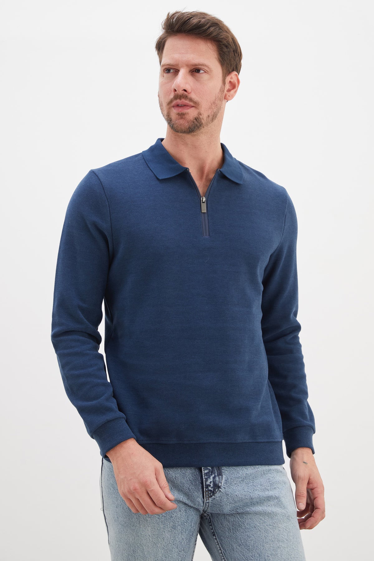Fitilli Polo Yaka Yarım Fermuarlı Selanik Örme Sweatshirt 4