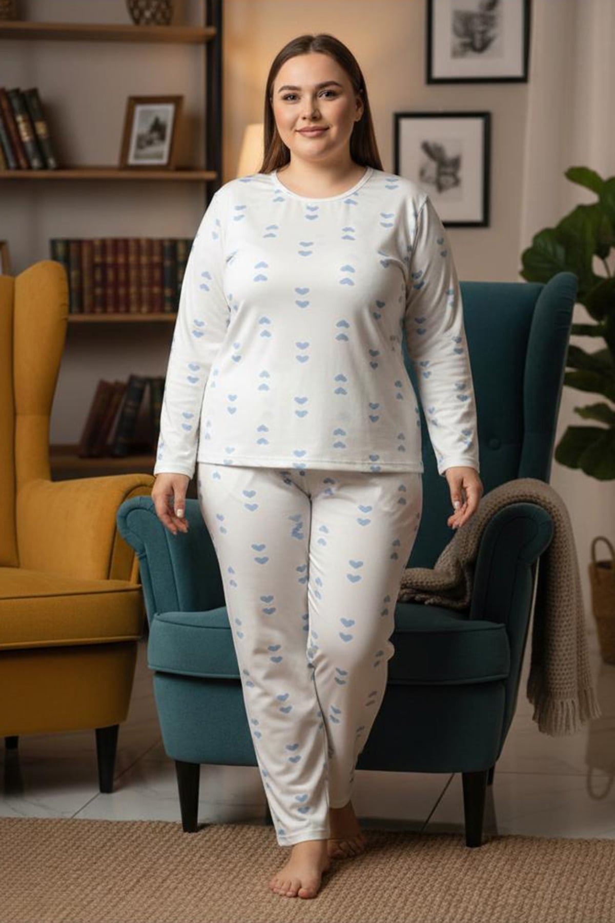 Kalp Desenli Büyük Beden Pijama Takımı