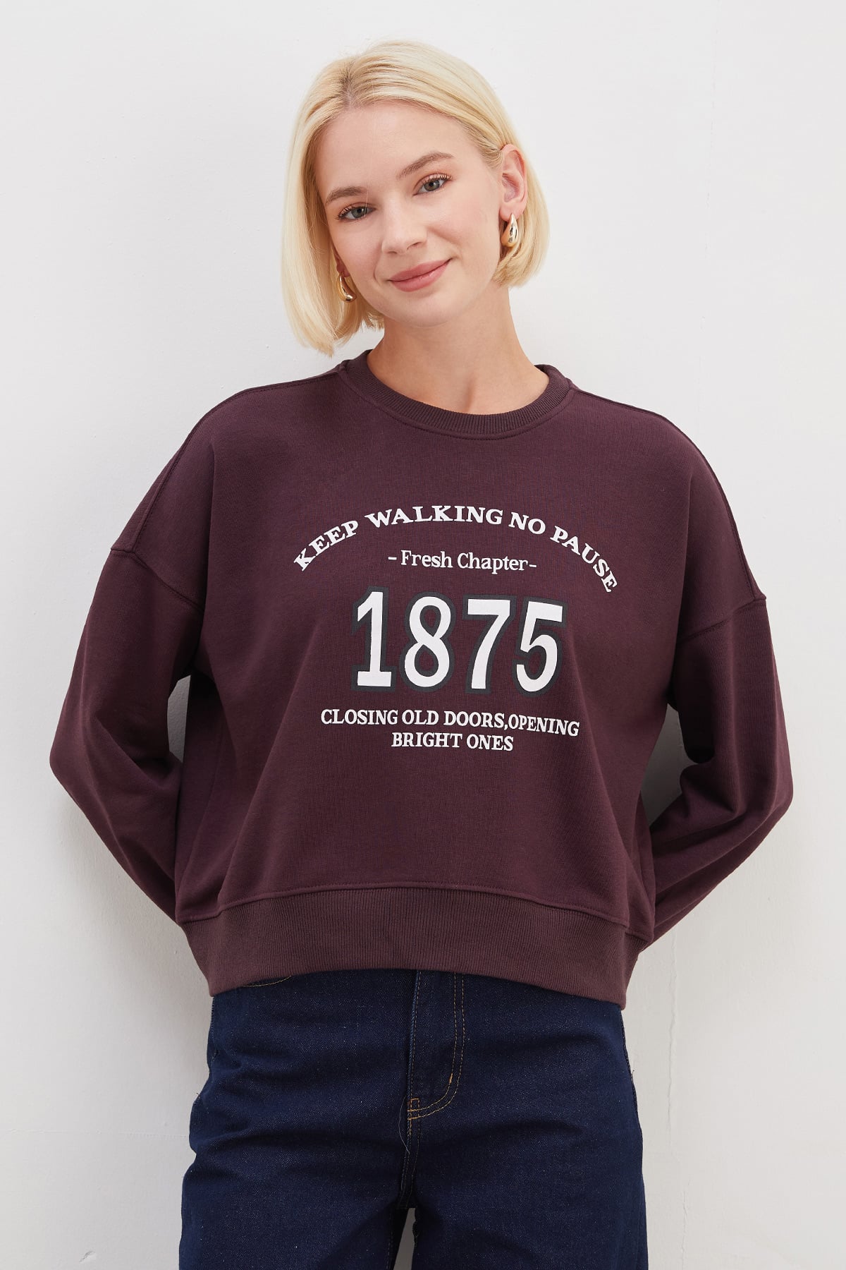 3 İplik Şardonsuz 1875 Baskılı Oversize Sweatshirt 2