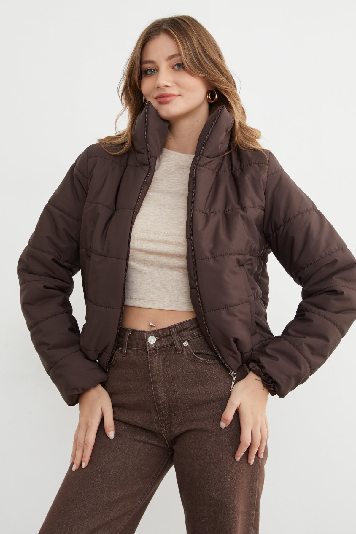 Beli Lastikli Crop Şişme Mont 5