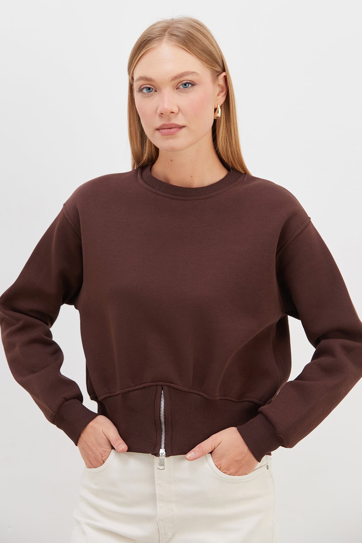3 İplik Eteği Fermuarlı Bisiklet Yaka Crop Sweatshirt 2