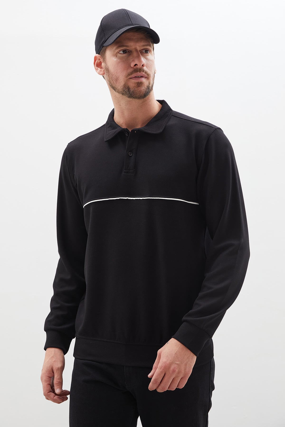 Çizgili Polo Yaka Yarım Düğmeli Sweatshirt 5