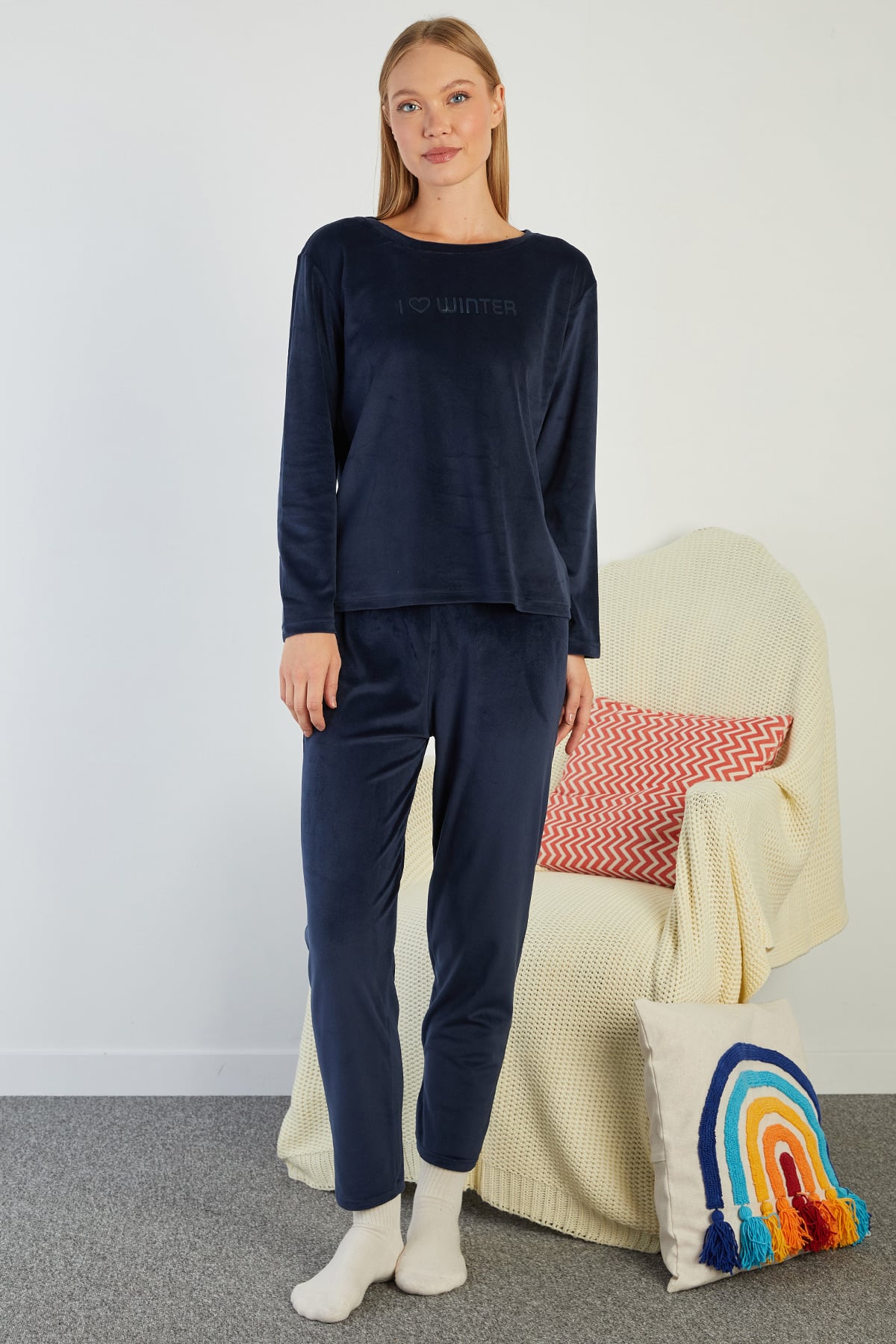 I Love Winter Kabartma Baskılı Kadife Pijama Takımı 2