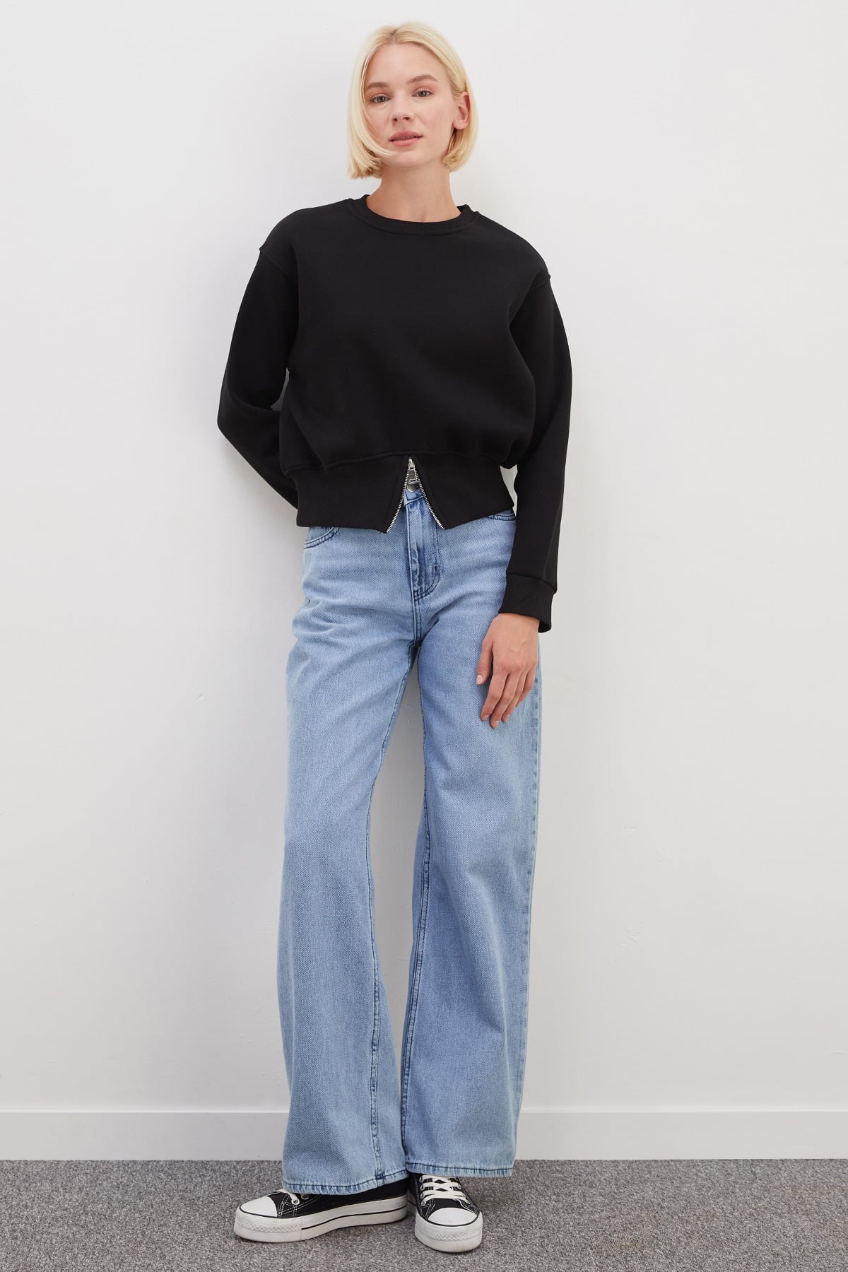 3 İplik Eteği Fermuarlı Bisiklet Yaka Crop Sweatshirt 3