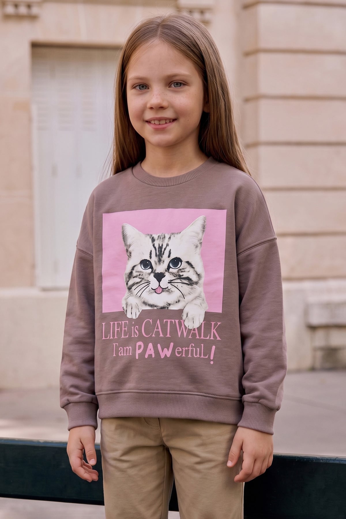 Kedi Baskılı Bisiklet Yaka Oversize Sweatshirt