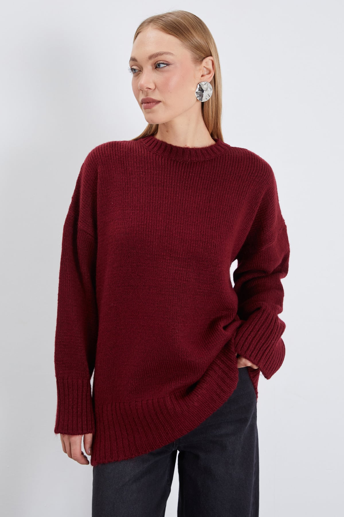 Basic Bisiklet Yaka Oversize Triko Kazak 3