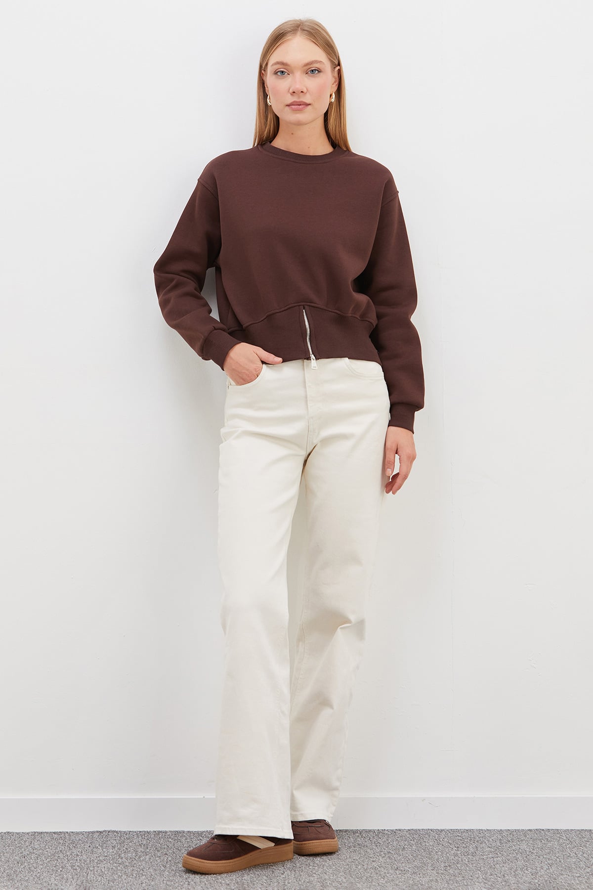 3 İplik Eteği Fermuarlı Bisiklet Yaka Crop Sweatshirt 3