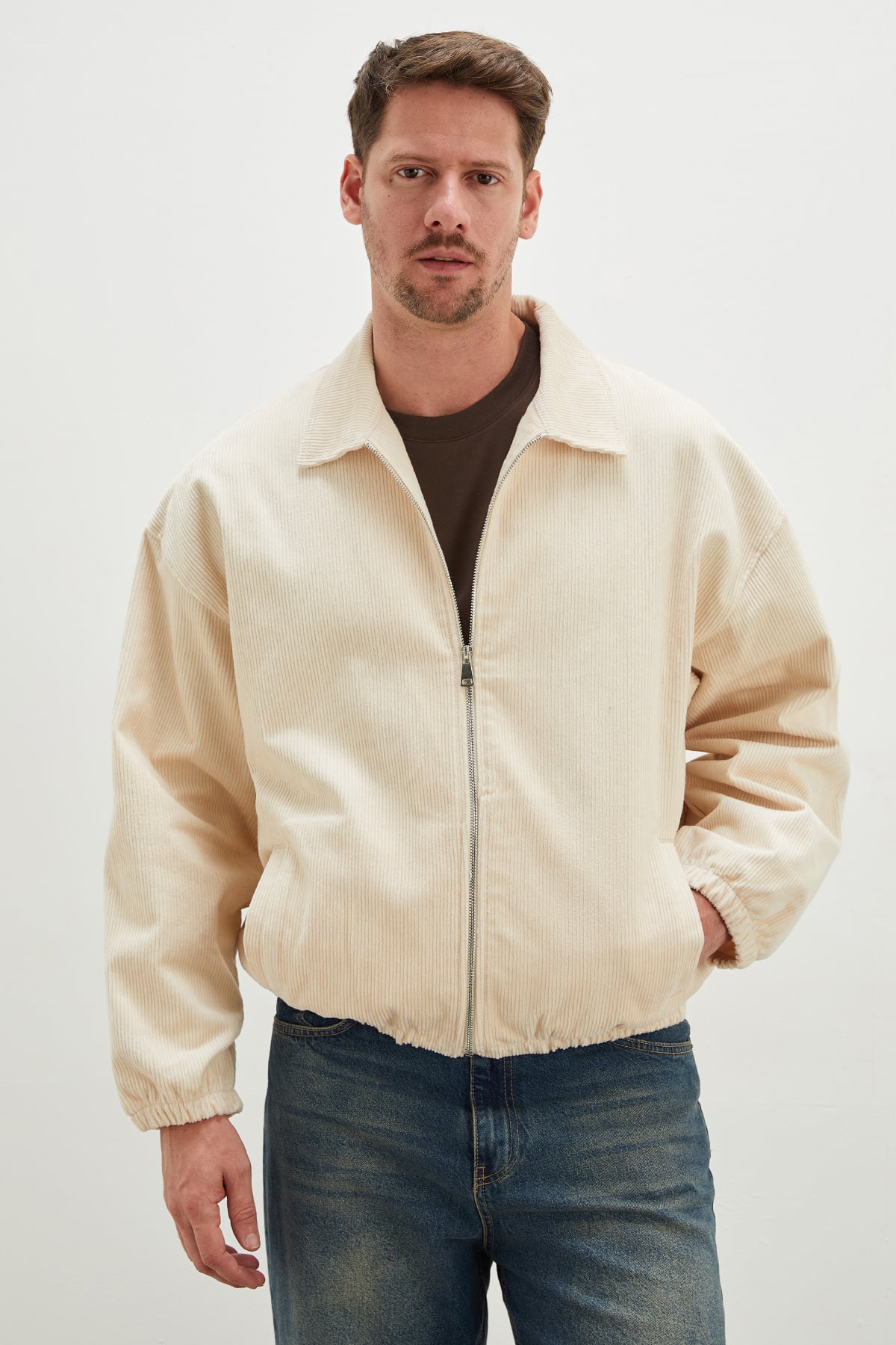 Fermuarlı Polo Yaka Kadife Bomber Ceket 6