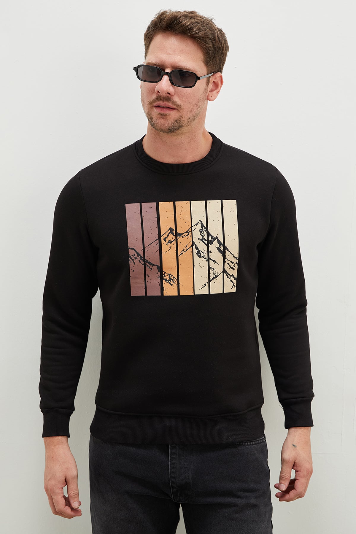 3 İplik Dağ Baskılı Bisiklet Yaka Sweatshirt