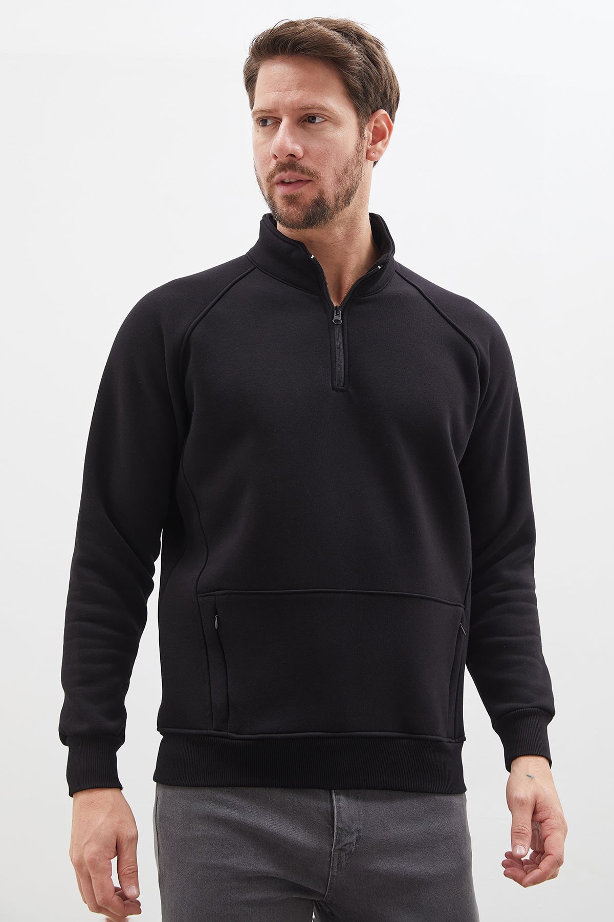 3 İplik Yarım Fermuarlı Dik Yaka Kanguru Cepli Sweatshirt 2
