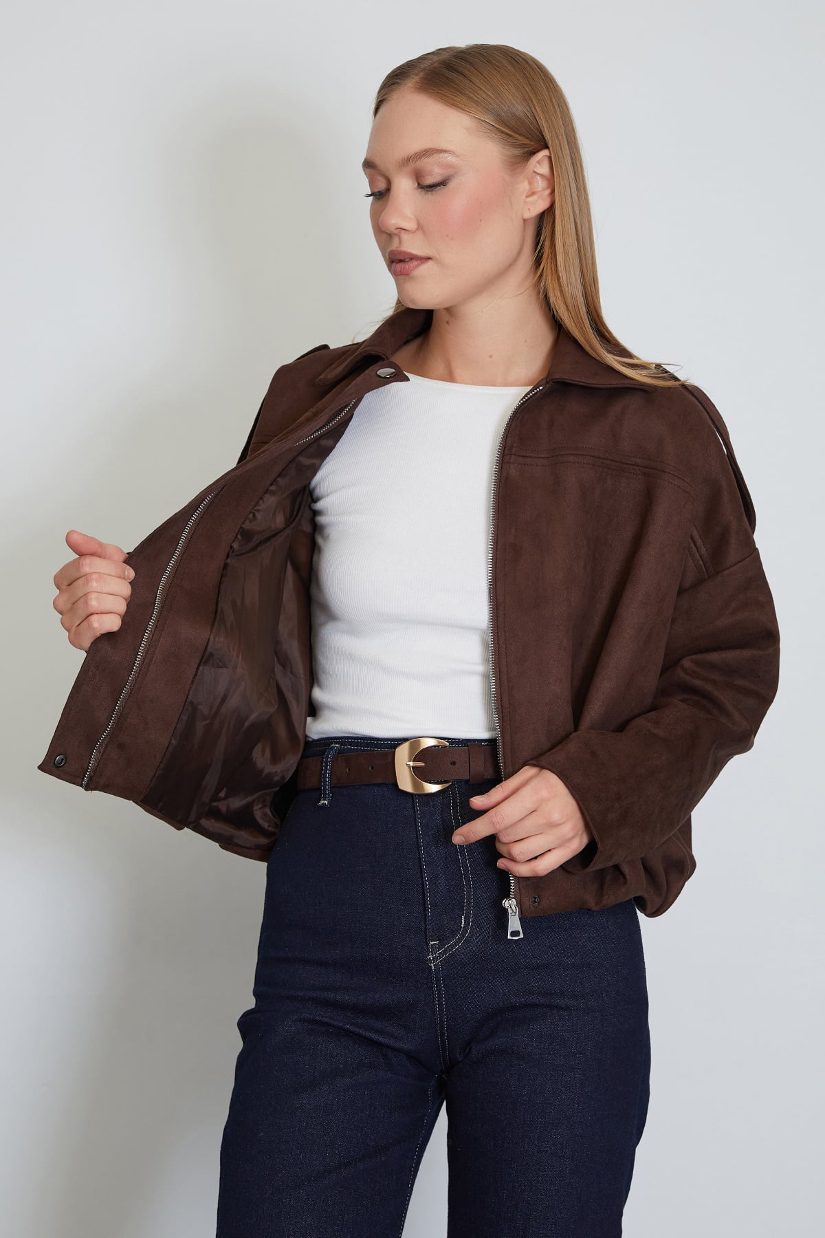 Fermuarlı Polo Yaka Süet Bomber Ceket 3