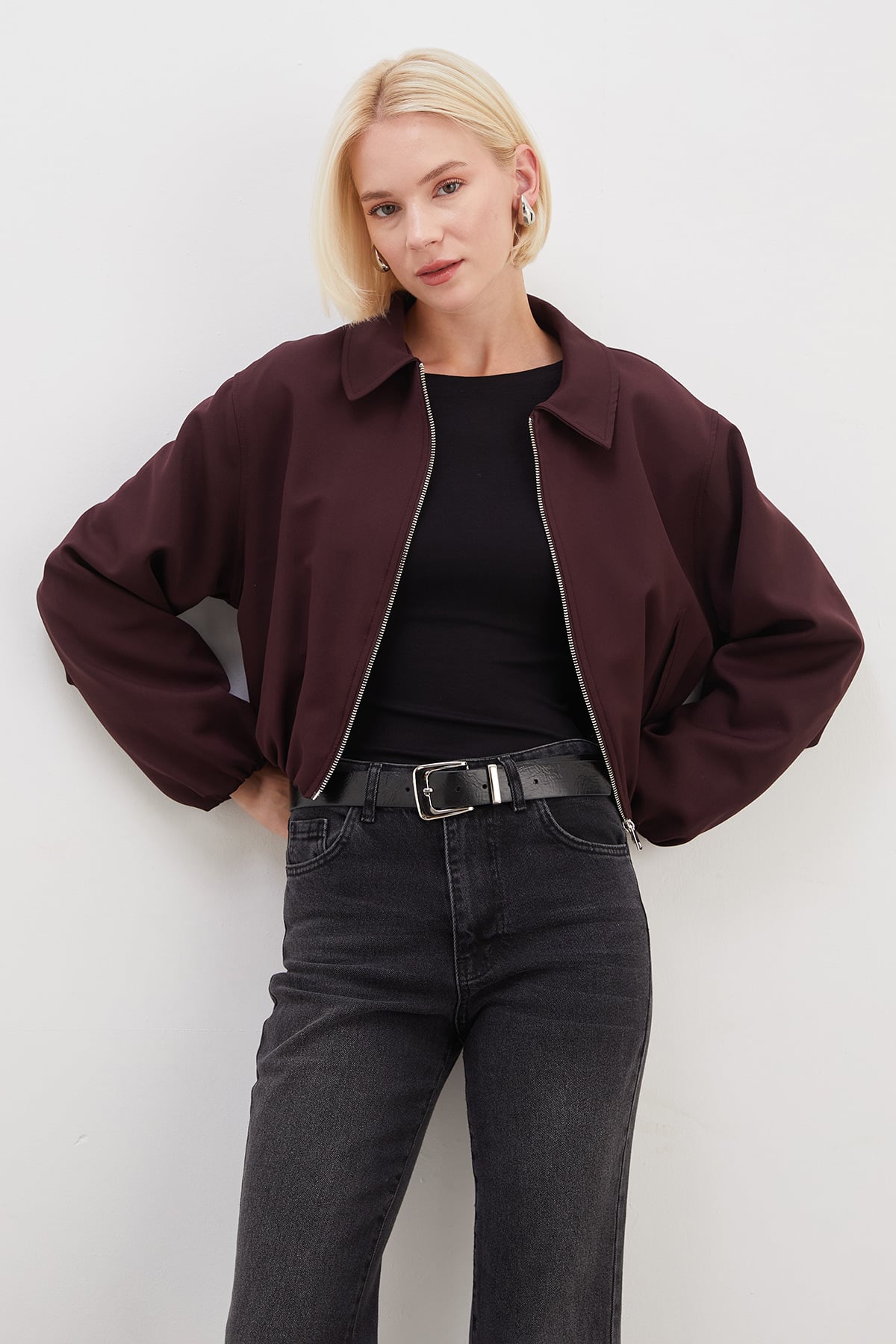 Fermuarlı Polo Yaka Bomber Ceket