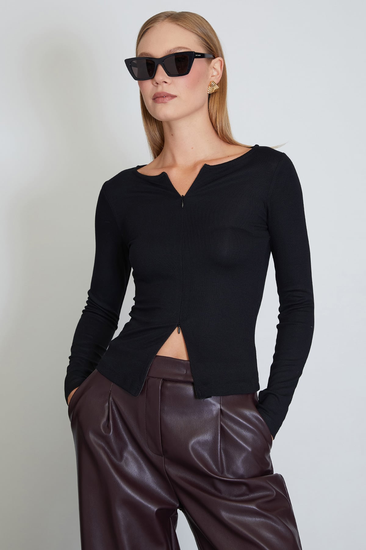 Çift Fermuarlı Bisiklet Yaka Slim Fit Bluz