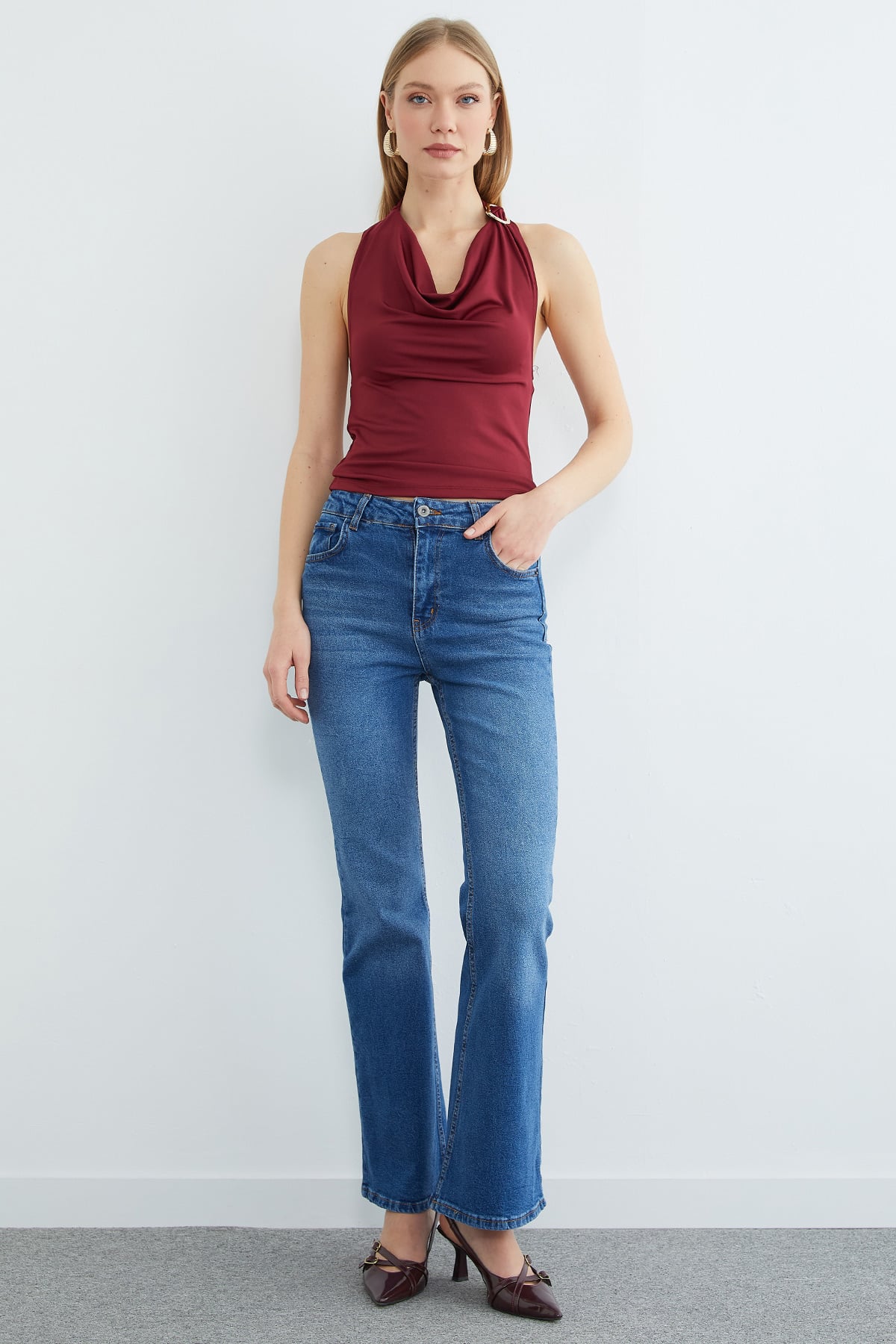 Yüksek Bel Fermuarlı Flare Jean 3