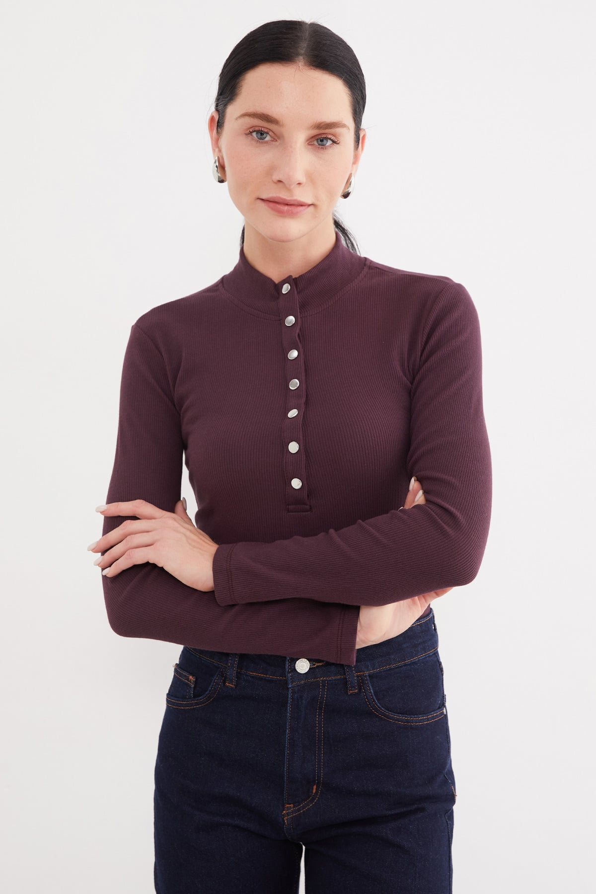 Kadın Fitilli Yarım Çıtçıtlı Dik Yaka Slim Fit Bluz 4