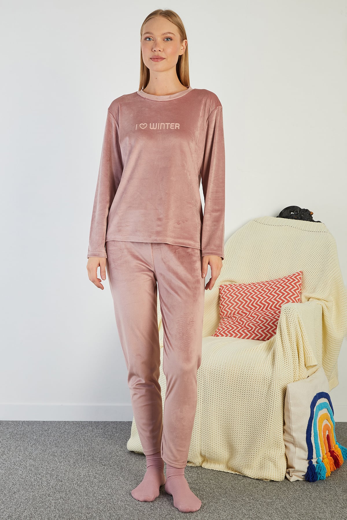 I Love Winter Kabartma Baskılı Kadife Pijama Takımı 3