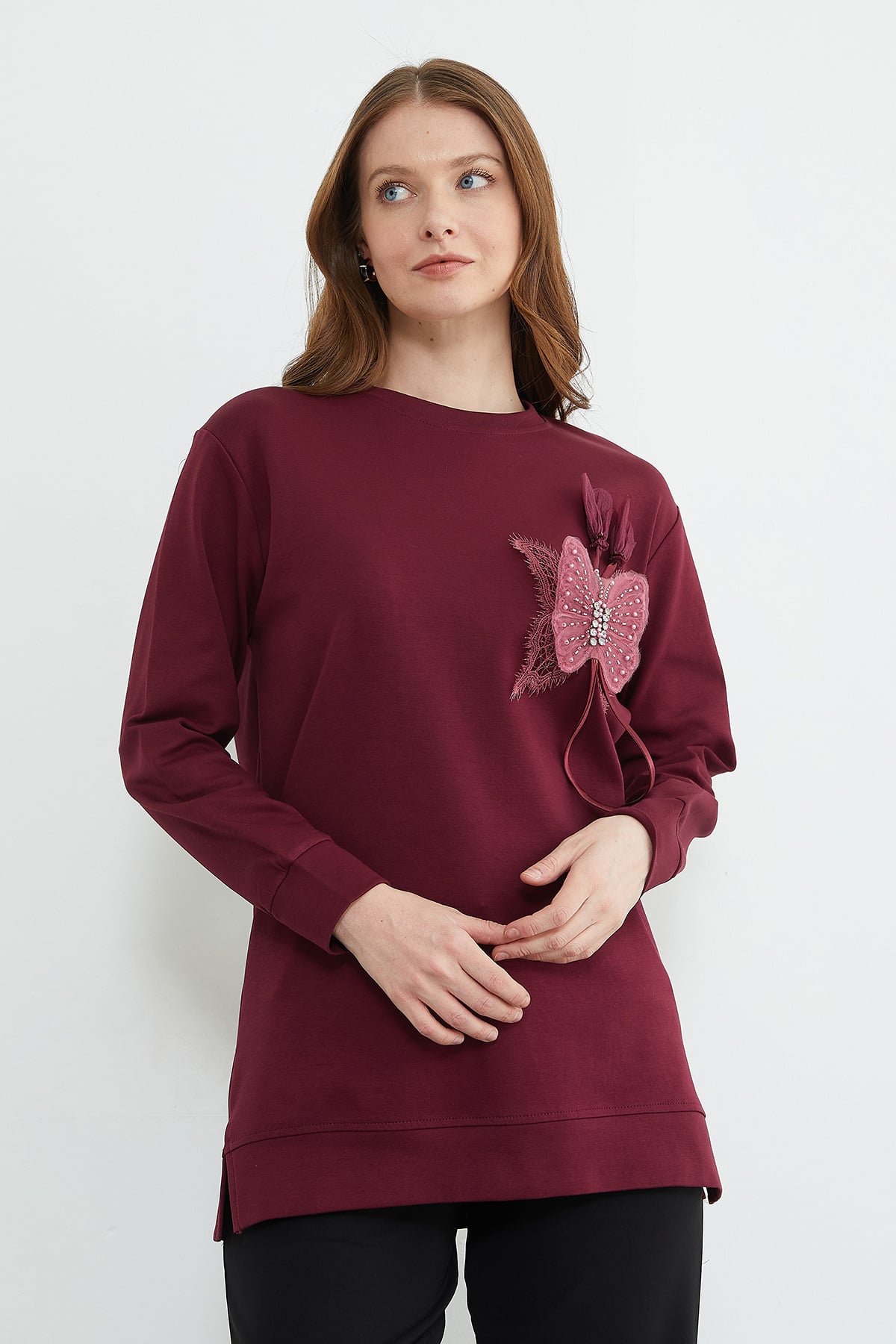 Fullamodest Kelebek Nakışlı Taşlı Bisiklet Yaka Tunik 3