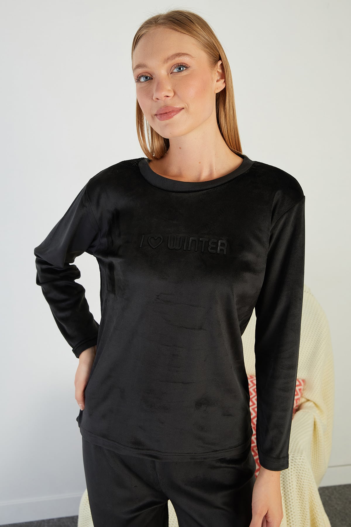 I Love Winter Kabartma Baskılı Kadife Pijama Takımı 7