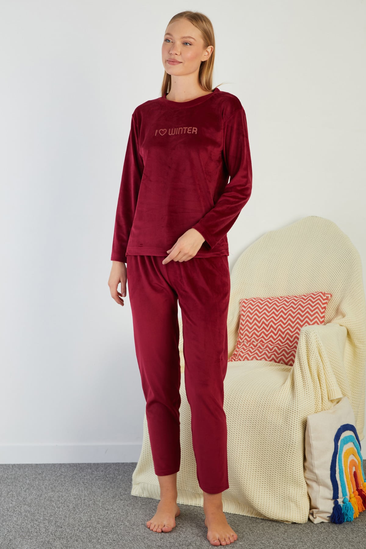 I Love Winter Kabartma Baskılı Kadife Pijama Takımı 4