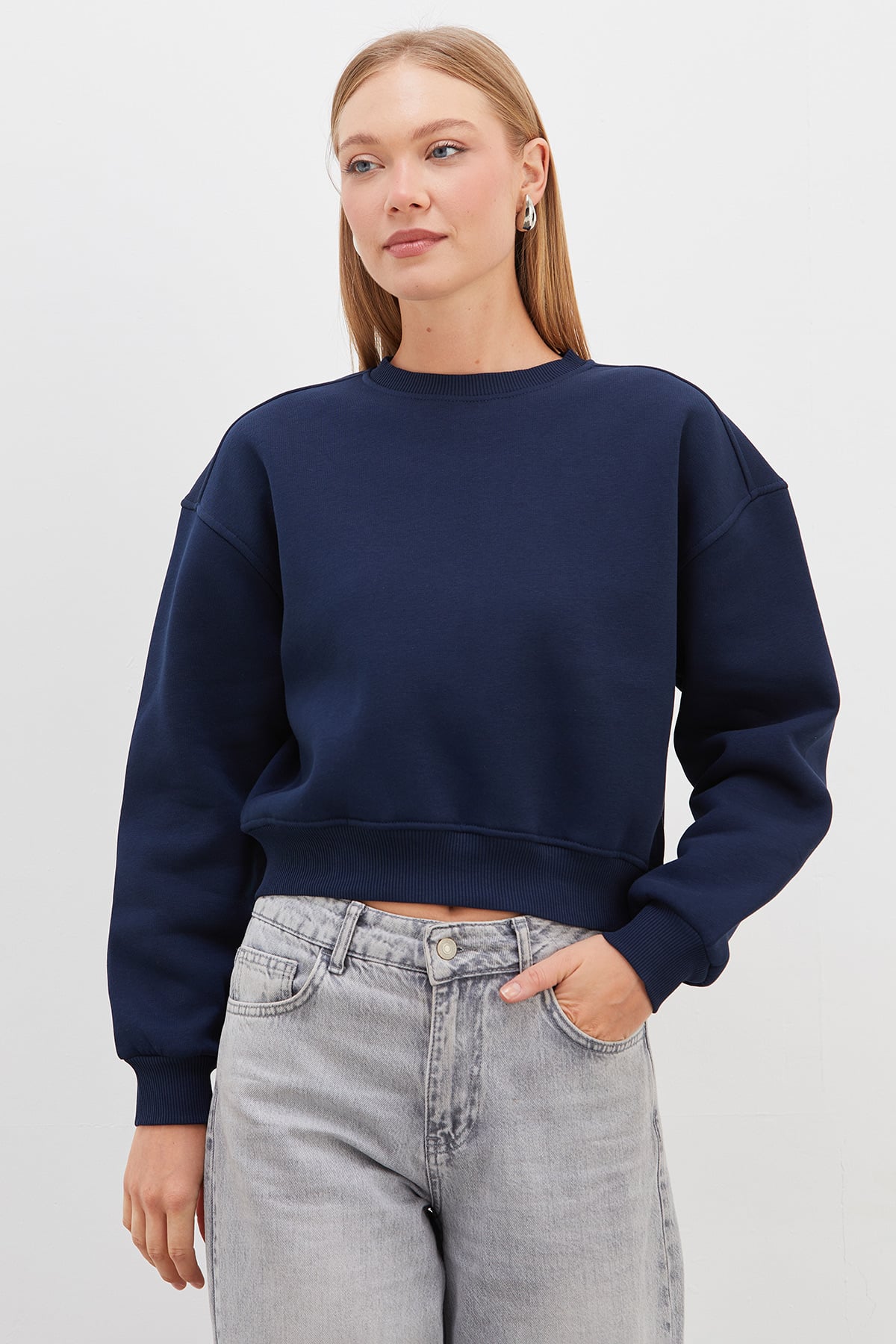 3 İplik Basic Ribanalı Crop Sweatshirt 2