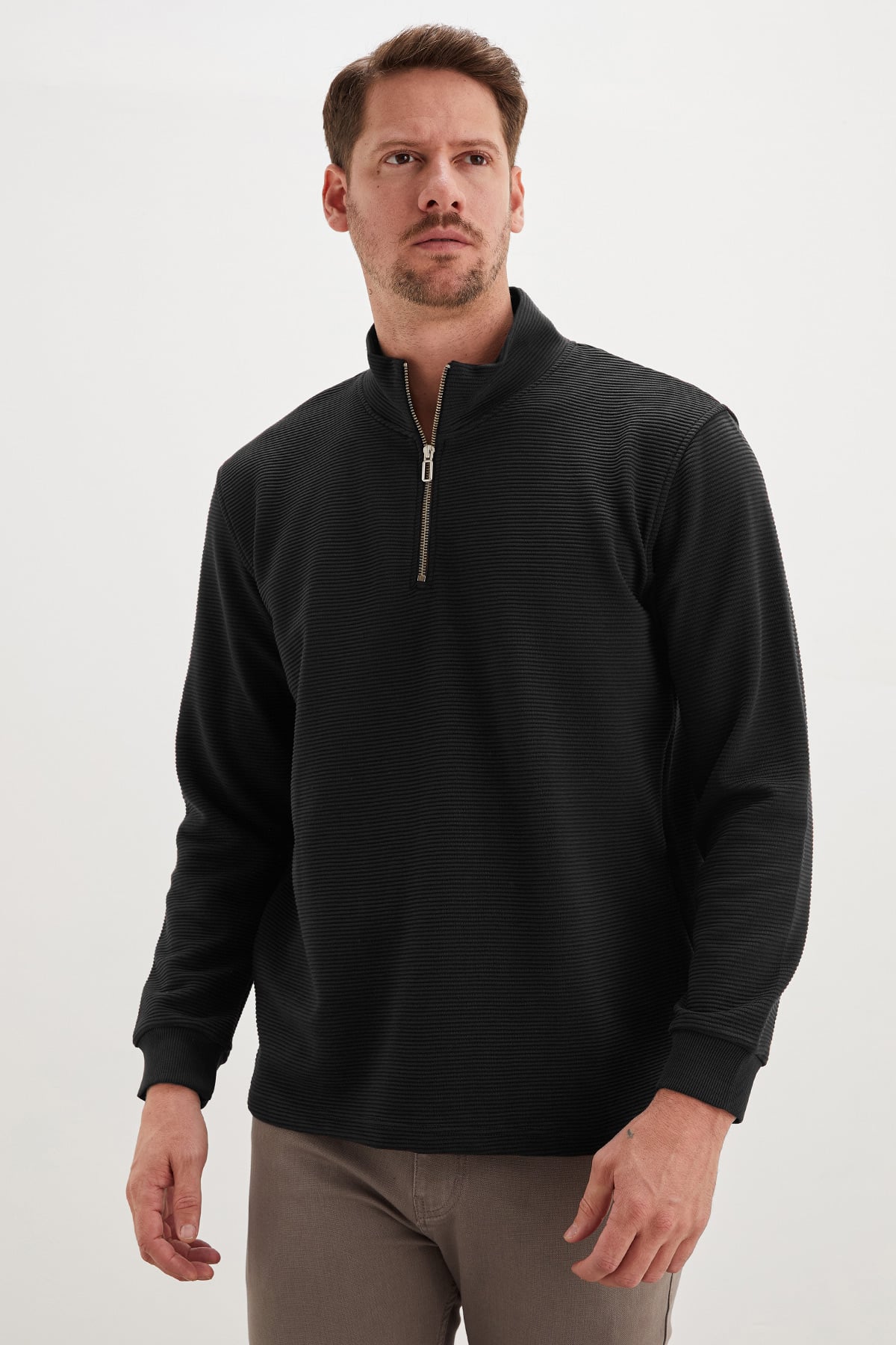 Erkek Antrasit Fitilli Yarım Fermuarlı Dik Yaka Sweatshirt 5