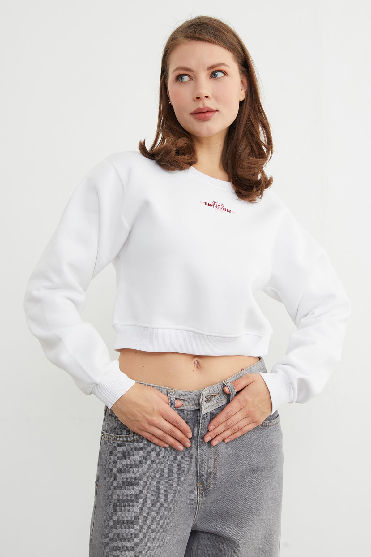 3 İplik Ayıcık Nakışlı Crop Sweatshirt 4