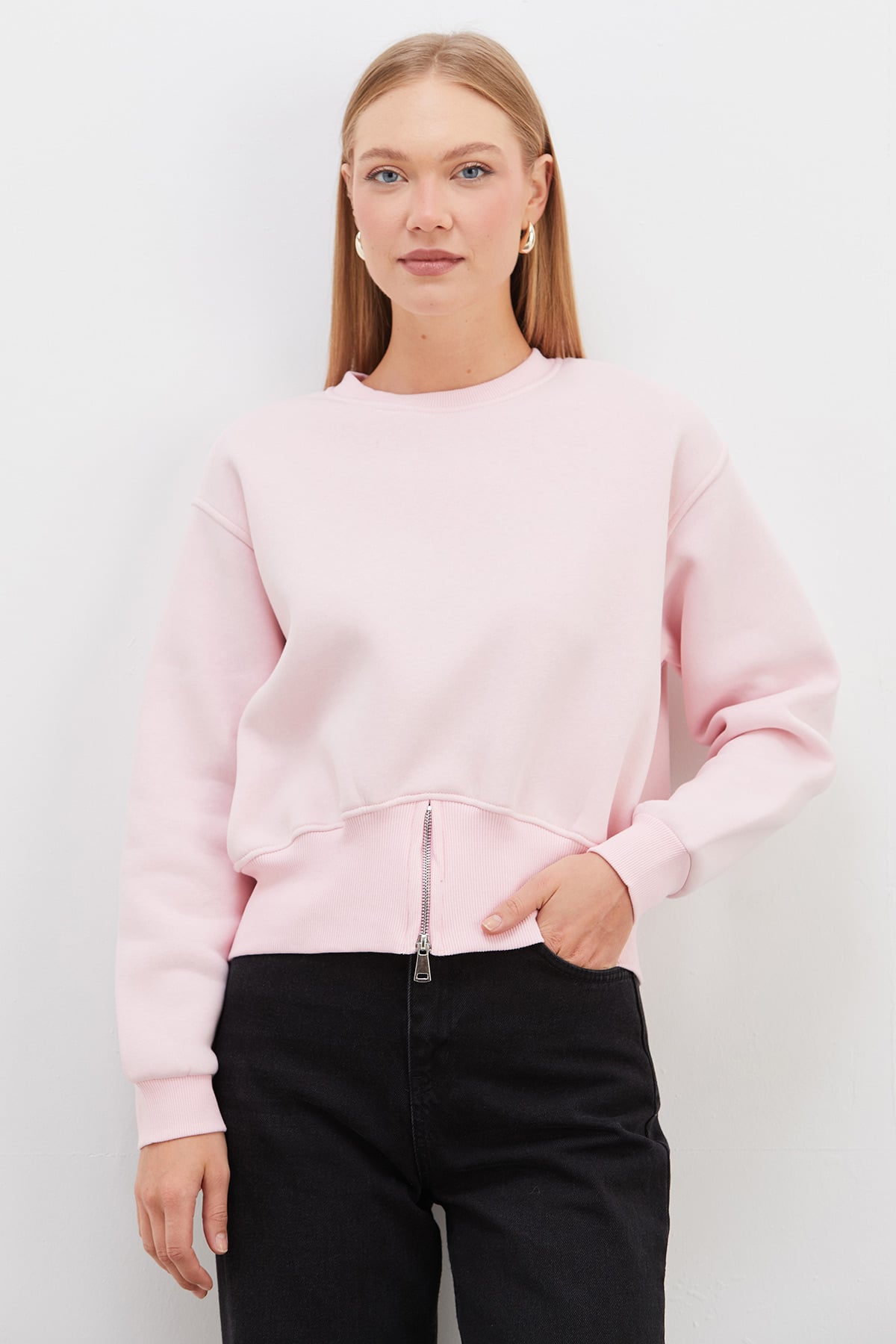 3 İplik Eteği Fermuarlı Bisiklet Yaka Crop Sweatshirt 2