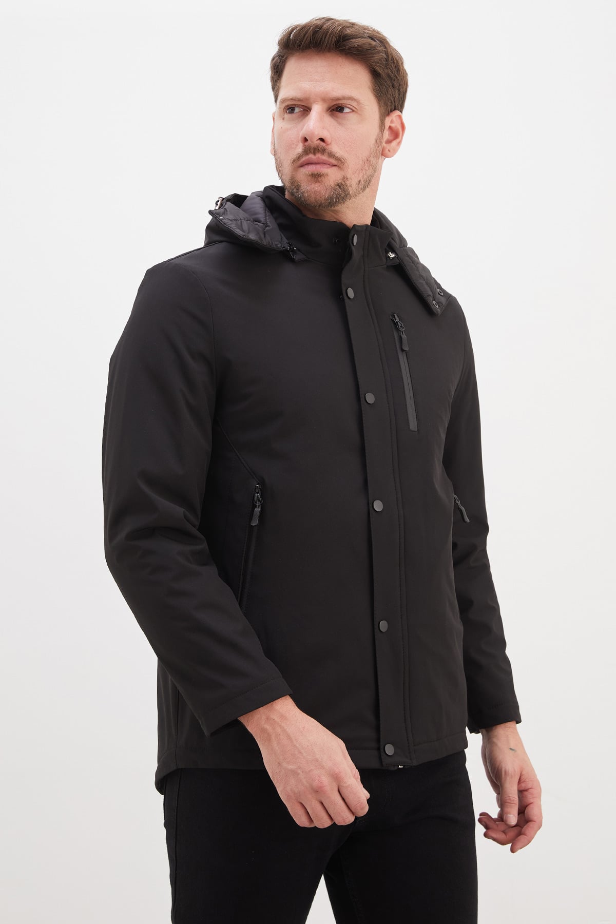 Fermuarlı Çıtçıtlı Çıkarılabilir Kapüşonlu Mont 7